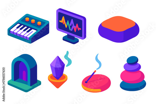 Vibrant Musical Icons. Isometric vector illustration set Musical genres – ambient synth, wave table screen, soft pad icon;