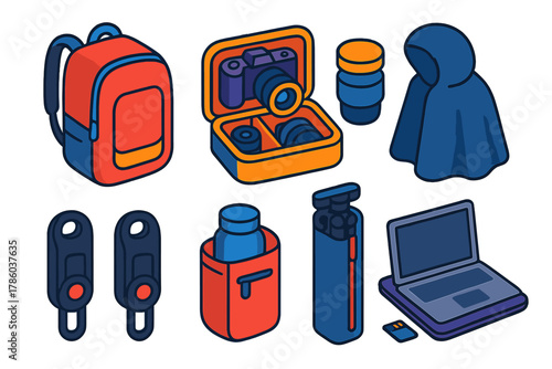 Photography Gear Icons. Isometric vector illustration set Film and photography – camera backpack, gear organizer, lens pouch; rain