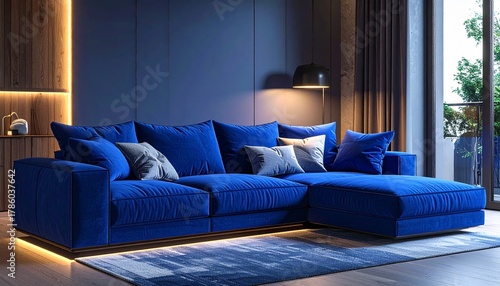 Modern bold-hue modular sofa in striking royal blue fabric, paired with geometric cushions and soft ambient lighting, 