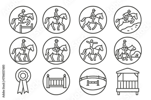 Equestrian Sports Icons. Line style icons of equestrian sports in round shape: show jumping, dressage, eventing, cross-country;