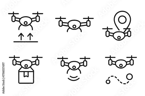 Drone Flight Icons. Line style icons of drone flight phases: takeoff icon, mid-air flight, arrival at location, package drop