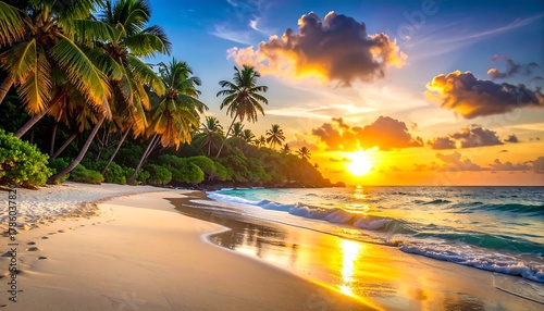 Fototapeta Naklejka Na Ścianę i Meble -  Tropical beach scene at sunset. Palm trees frame the shore, golden sand reflects the sky, with waves and a vibrant, colorful sunset