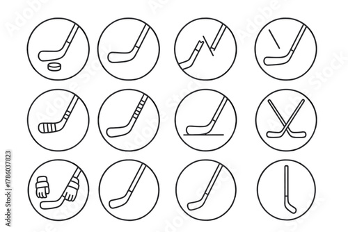 Hockey Stick Icons. Line style icons of hockey sticks in round shape: stick with puck, curved blade stick, broken stick, stick in
