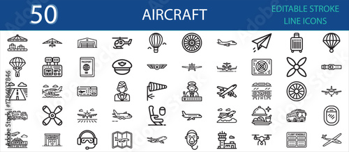 Collection of 50 editable line icons of aircraft and aviation elements. Includes airplanes, pilots, airports, flight tickets, drones, luggage, parachutes, and air travel equipment.