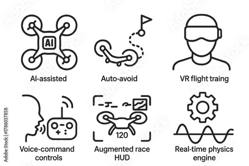 Futuristic Drone Racing Icons. Line style icons of drone racing future tech: AI-assisted drone icon, auto-avoid path, VR flight