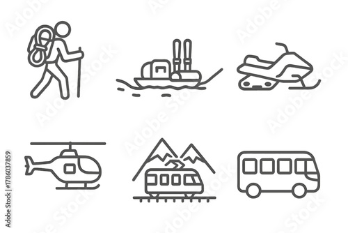 Climbing Transportation Icons. Line style icons of climbing transportation: approach hike with gear, gear sled in snow, snowmobile