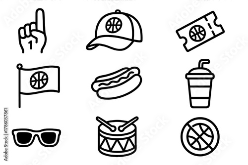 Basketball Fan Essentials. Line style icons of Basketball Fan: Foam Finger, Cap, Ticket, Flag, Hot Dog, Drink Cup, Sunglasses,