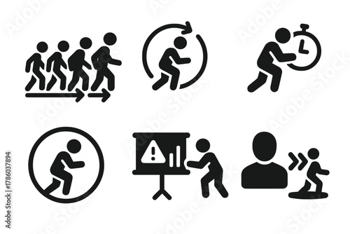 Safety Drill Icons. Solid style icons of slow-motion safety drills: step-by-step glyph, motion icon, timing badge. Practice ring,