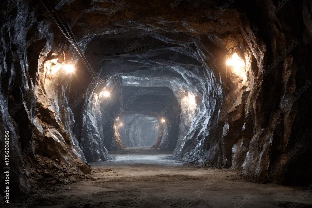 Fototapeta premium Underground mine tunnel illuminated, showing dark rock formations