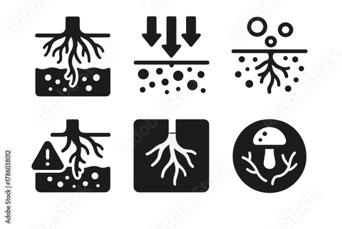 Hydroponics Icon Set. Line style icons of Hydroponics: root health icon, nutrient uptake arrows, air pocket zone, brown root alert