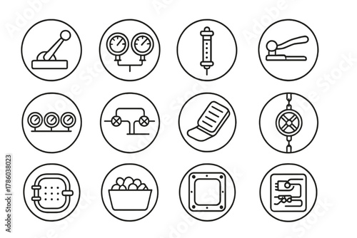 Train Cab Instruments. Line style round vector icons of Train Cab Interior: Throttle Lever, Pressure Dials, Boiler Sight Glass,