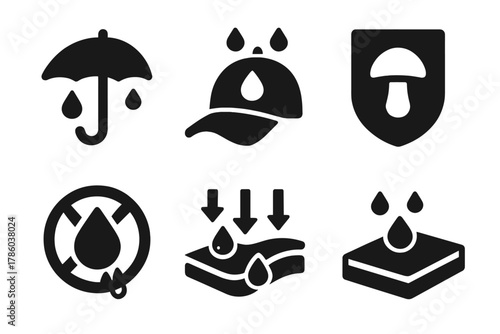 Fungal Wear Icons. Solid style icons of water-resistant fungal wear: drip shield icon, waterproof cap badge, repel layer panel.