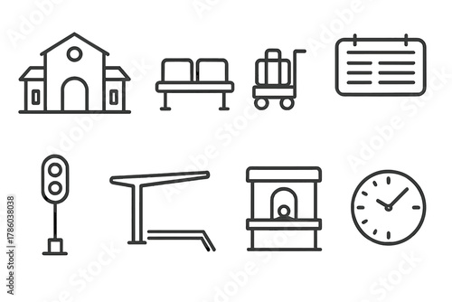 Railway Station Icon Set. Line style icons of Railway Station: Station Building, Waiting Bench, Luggage Cart, Timetable, Signal
