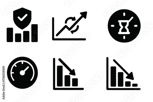 Performance Metrics Icons. Solid style icons of performance metrics: durability bar, lifecycle extension graph, crack width