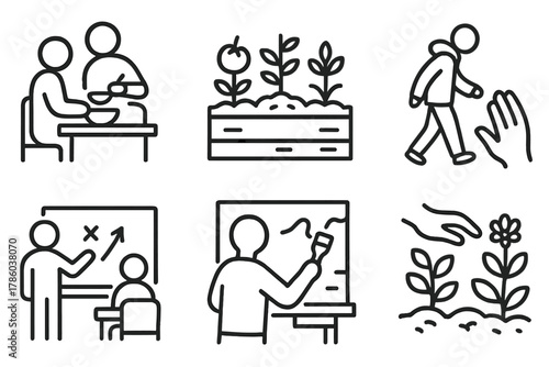 Urban Voluntourism Icons. Line style icons of urban voluntourism: soup kitchen icon, urban farm plot, street outreach hand,