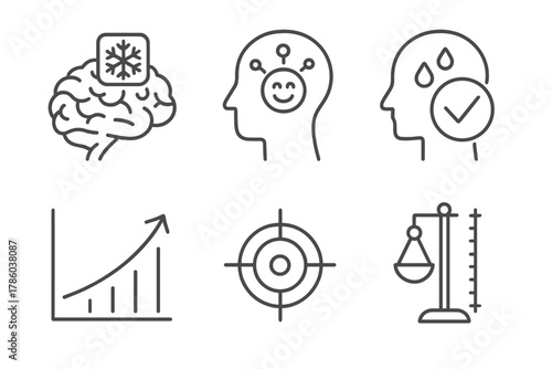 Cryotherapy Icon Set. Line style icons of cryotherapy for mental clarity: brain chill relief, endorphin boost, anxiety reduction,
