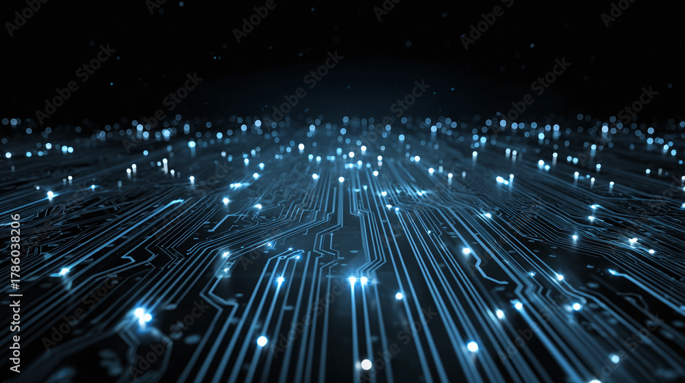 Obraz premium A close-up view of an intricate circuit board, with illuminated pathways of electrical signals