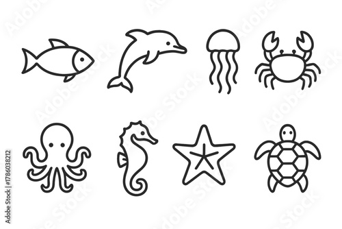 Sea Life Icons. Line style icons of Sea life: fish, dolphin, jellyfish, crab, octopus, seahorse, starfish, turtle, No text, No