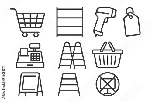 Store Equipment Icons. Line style icons of Store equipment: shopping cart, shelf, barcode scanner, price tag, cash register,