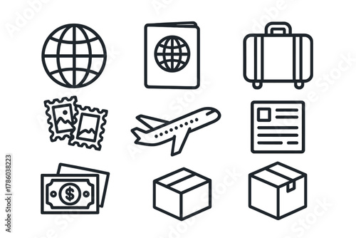Global Travel Icons. Line style icons of Global Post: Globe, Passport, Suitcase, Postage Stamps, Airplane, Customs Form, Currency