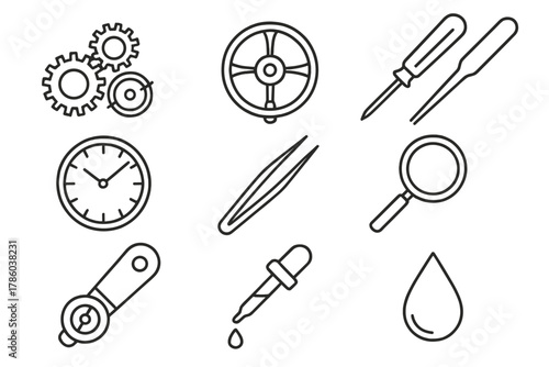 Watchmaking Tool Icons. Line style icons of Watchmaking tools: gear train, balance wheel, screwdriver, watch face, tweezers,