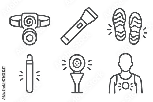 Outdoor Light Tool Icons. Line style icons of outdoor light tools: headlamp spiral, flashlight wand, glow shoe soles, camping