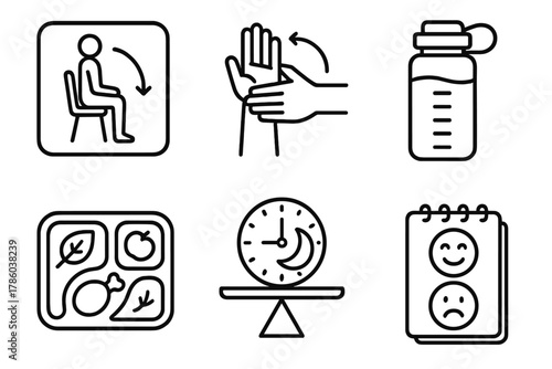 Player Health Icons. Line style icons of physical and mental health for players: posture reminder sign, wrist stretch chart,