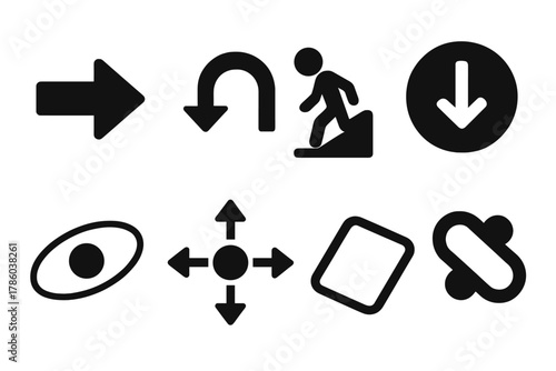 Motion Confusion Icons. Solid style icons of motion confusion diagrams: force arrow glyph, reverse movement icon, slide badge.