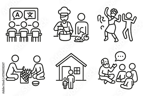 Voluntourism Cultural Icons. Line style icons of cultural exchange in voluntourism: language class icon, cooking local food,