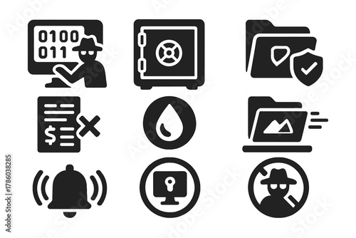 Archive Breach Icons. Solid style icons of archive breach scenarios: data theft panel, open vault icon, exposed art folder.
