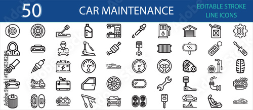 Set of 50 editable line icons for car repair and maintenance. Includes tools, mechanic, gear, tire, engine, oil, battery, wrench, spark plug, fuel pump, and auto workshop symbols.