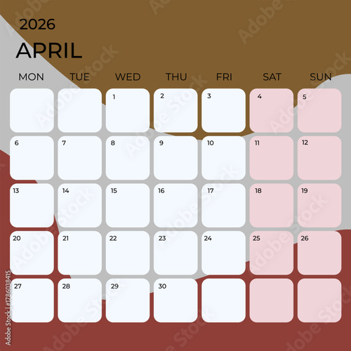Minimal April 2026 Calendar Template with Abstract Brown and Red Background