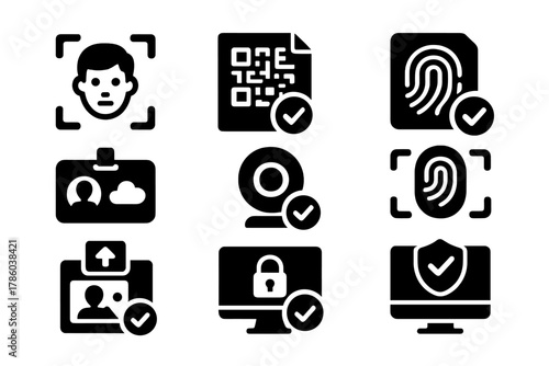 Digital Identity Icons. Solid style icons of digital ID and verification: face scan icon, QR code on document, fingerprint on
