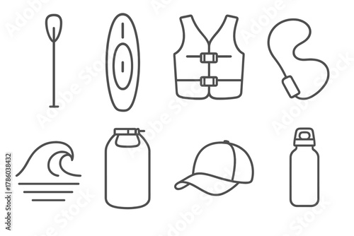 Paddleboarding Essentials Icons. Line style icons of Paddleboarding: Paddle, Board, Life Vest, Leash, Wave, Dry Bag, Hat, Water