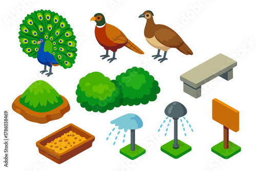 Zoo Animal Icons. Isometric vector illustration set Zoo animals – peacock, pheasant, peahen; display mound, shrub border, stone