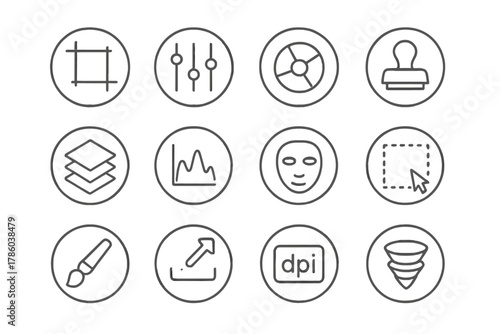 Photo Editing Icons. Line style round vector icons of Photo Editing: Crop Tool, Adjustment Sliders, Color Balance, Clone Stamp;