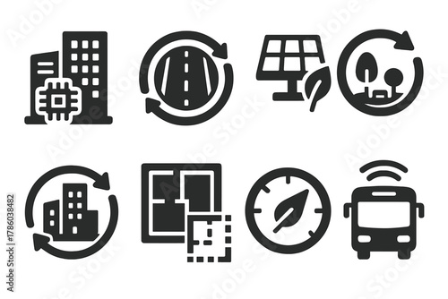 Future City Icons. Solid style icons of future city simulations: smart infrastructure icon, traffic pattern badge, eco grid panel.