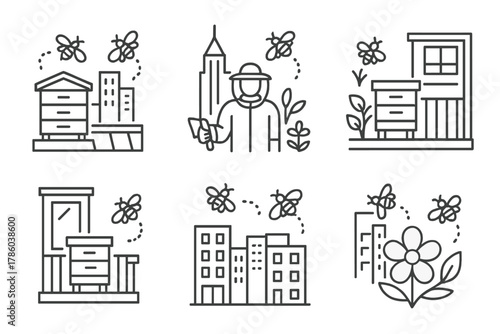 Urban Beekeeping Icons. Line style icons of urban beekeeping: rooftop beehive setup, city skyline with bees, beekeeper in urban