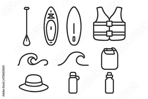 Paddleboarding Essentials Icons. Line style icons of Paddleboarding: Paddle, Board, Life Vest, Leash, Wave, Dry Bag, Hat, Water