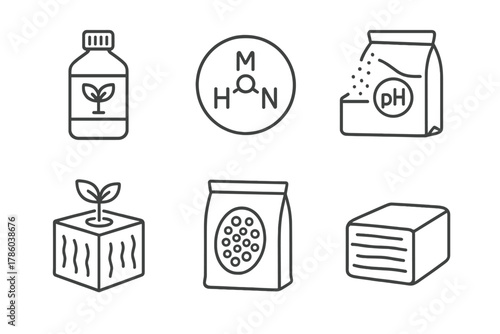 Nutrient Line Icons. Line style icons of nutrients and growing media: nutrient bottle, mineral formula icon, pH buffer powder,