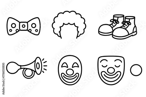 Clown Accessory Icons. Line style icons of Clown accessories: bow tie, wig, squirting flower, big shoes, horn, juggling ball,