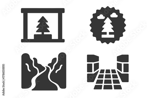 Winter Art Exhibits. Solid style icons of seasonal art installation: winter gallery icon, open-air ice art, snow path sculpture.