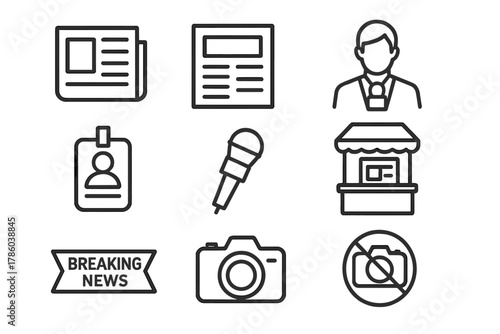 News Icon Set. Line style icons of News: Newspaper, Headline, Reporter, Press Pass, Microphone, Newsstand, Breaking News Banner,