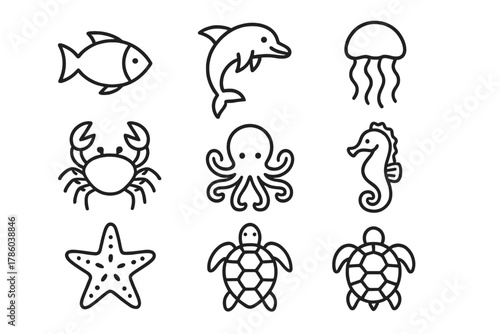 Sea Life Icons. Line style icons of Sea life: fish, dolphin, jellyfish, crab, octopus, seahorse, starfish, turtle, No text, No