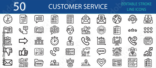 Editable line icons of customer support and service concepts. Includes call center, chat, help desk, headset, feedback, satisfaction rating, CRM, problem solving, and communication tools.