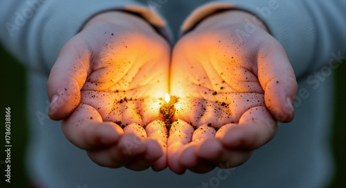 Close up elderly hands placing a tiny glowing courage seed into small child hands symbol bravery resilience growth