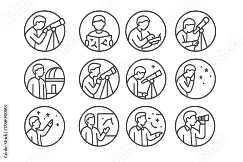 Astronomer Line Icons. Line style icons of astronomers in round shape: person at telescope, reading star chart, writing notes,