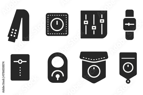 Garment Tuning Icons. Solid style icons of tuning interfaces on garments: sleeve with dial pad, volume control button patch,