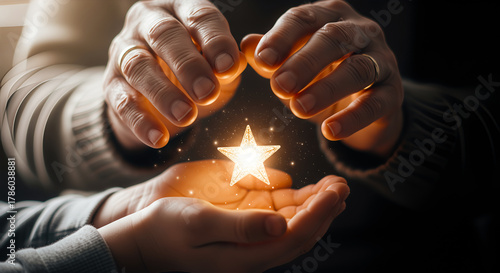 Close up elderly hands passing a tiny glowing star into small child hands symbol wisdom wonder hope love intergenerational bond gentle golden light soft night gradient