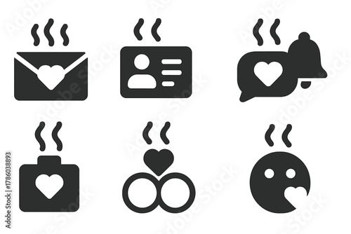 Scented Dating Icons. Solid style icons of scent in dating and communication: romantic message with smell, scent-based profile,